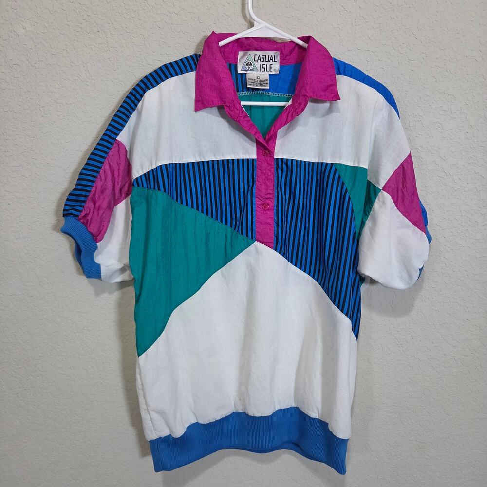Vintage 90s Top Casual Isle Colorblock Pullover Women's Size L Short Sleeve